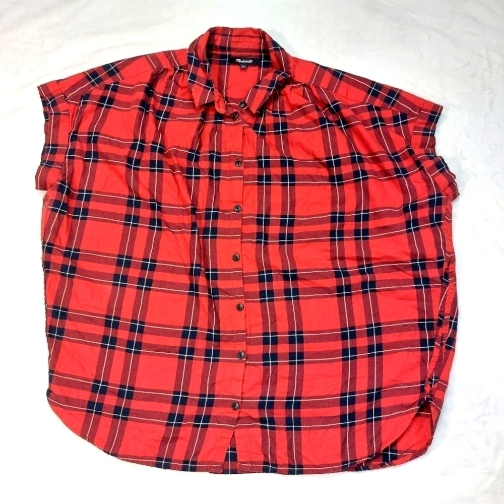 MADEWELL WOMENS RED BLACK PLAID SHORT SLEEVE BUTTON DOWN BOXY WESTERN SHIRT SZ M